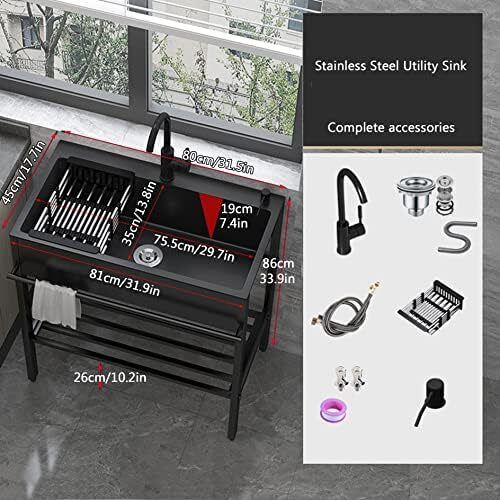 Stainless Steel Washing Sink Hand Wash Sink Commercial Kitchen with Tap for Shop Kitchen Garage Garden 80cm Black