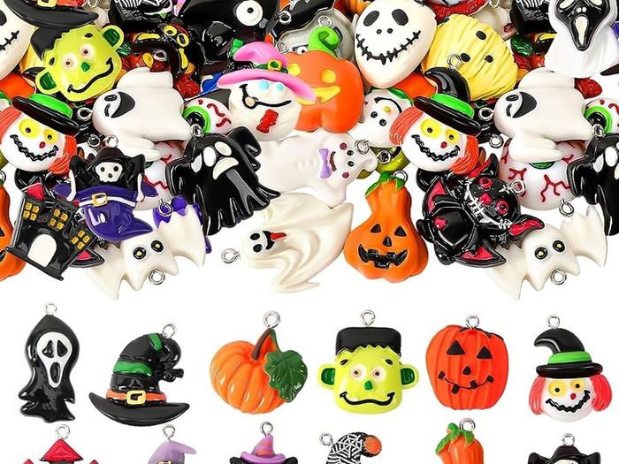36 Pieces Mini Halloween resin charm pendant, Tiny Halloween tree decorations Mini Resin Halloween Ornaments with Golden Rope for DIY Festive Decoration Handcrafts