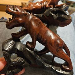 Pair of Panther/Leopard Hand-Carved Dark Wood Figures
