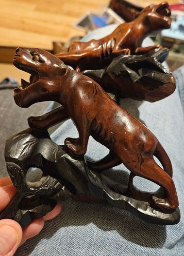 Pair of Panther/Leopard Hand-Carved Dark Wood Figures