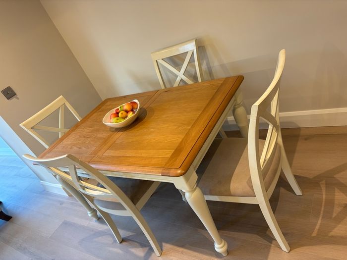 Extendible Wooden dining table & 4 fabric cushioned chairs