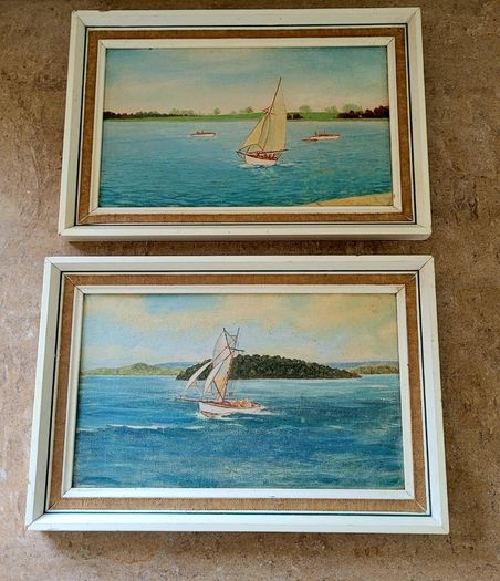 Antique pair of naive watercolours on board