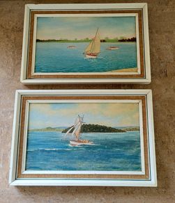 Antique pair of naive watercolours on board