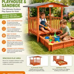 2-in-1 Wooden Sandpit & Playhouse with Roof