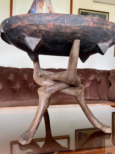 Unique Vintage Wooden African Tribal Art Decor Hand made bowl on Tripod folding Stand