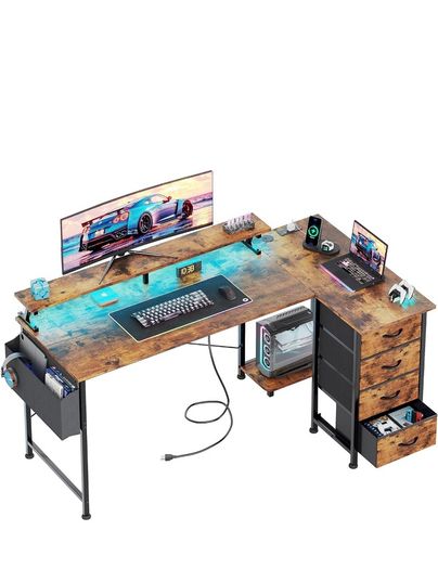 Corner Desk with 4 Drawers, L Shaped Computer Desk with LED Lights & Power Outlets, 160x80cm Reversible Home Office Workstation with Monitor Stand, Writing Desk with PC Stand, Vintage