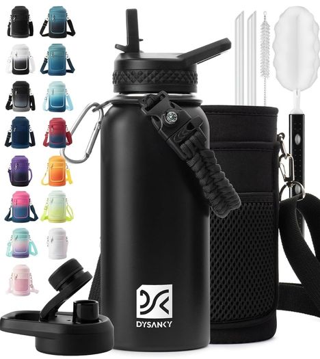 Insulated Water Bottle | Thickened Stainless Steel Vacuum Metal Thermos | Portable Sports Water Jug for Gym and Hiking with Straw, Carrier Bag, Handle Strap | BPA-Free 32 oz, Black