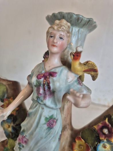 Antique German porcelain figural spill vase tree trunk & maiden c,1900