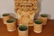 Fabulous Rare Collectable Vintage Aztec/Mayan/Mexican Ceramic Decanter and Five Matching Ceramic Shot Glasses in Excellent Condition - Perfect for a Home Bar or Man Cave, Bring on the Tequila!!!