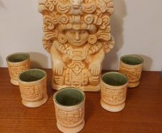 Fabulous Rare Collectable Vintage Aztec/Mayan/Mexican Ceramic Decanter and Five Matching Ceramic Shot Glasses in Excellent Condition - Perfect for a Home Bar or Man Cave, Bring on the Tequila!!!