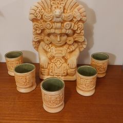 Fabulous Rare Collectable Vintage Aztec/Mayan/Mexican Ceramic Decanter and Five Matching Ceramic Shot Glasses in Excellent Condition - Perfect for a Home Bar or Man Cave, Bring on the Tequila!!!