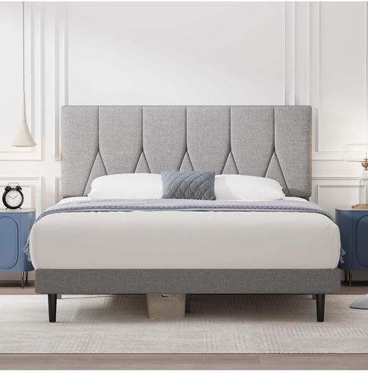 Small Double Bed Frame, Light Grey, Upholstered Wooden Slat Bed Frame with Headboard