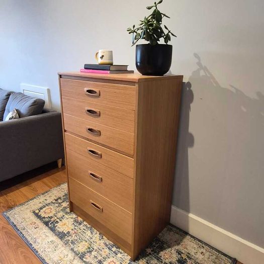 Mid-Century Teak Tallboy Chest of Drawers - Sculpted Handles, Fully Restored