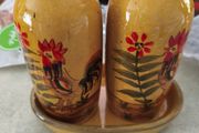 FARMYARD POTTERY , Dishwasher  Saft onlyHand-painted ceramic oil and vinegar cruet set ON HOLDING MATHING SMALL TRAY.