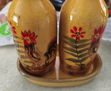 FARMYARD POTTERY , Dishwasher  Saft onlyHand-painted ceramic oil and vinegar cruet set ON HOLDING MATHING SMALL TRAY.