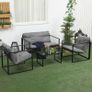 Garden Furniture Set, 1 Glass Table, 2 Armchairs, 1 Sofa, Weather-Resistant, 114cm x 70cm x 67cm, Gray + Black Image 9