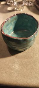 Handmade Pottery ceramic pinch pot or small cup turquoise and purple  .