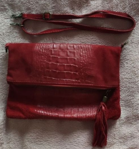 Red Italian Suede Croc-Effect Leather Crossbody Bag Clutch