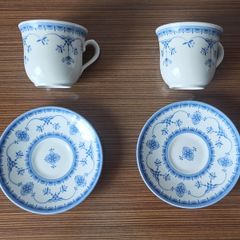 Vintage "Queen's Ingrid" cups with Blue and White floral design with matching saucers  made in England