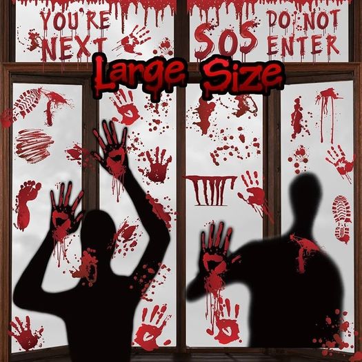 Halloween Window Stickers Bloody Hands Scary Halloween Window Clings Large Shadow Realistic Bloody Footprints DO NOT Enter Double-Sided Halloween Window Decorations