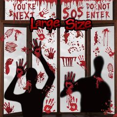 Halloween Window Stickers Bloody Hands Scary Halloween Window Clings Large Shadow Realistic Bloody Footprints DO NOT Enter Double-Sided Halloween Window Decorations