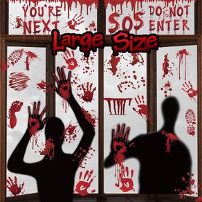 Halloween Window Stickers Bloody Hands Scary Halloween Window Clings Large Shadow Realistic Bloody Footprints DO NOT Enter Double-Sided Halloween Window Decorations