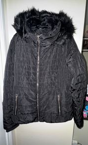 F&F Black Padded Coat with Black Fluffy Hood and Gold Trimmings