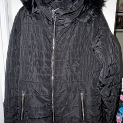 F&F Black Padded Coat with Black Fluffy Hood and Gold Trimmings