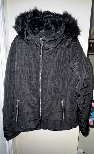 F&F Black Padded Coat with Black Fluffy Hood and Gold Trimmings