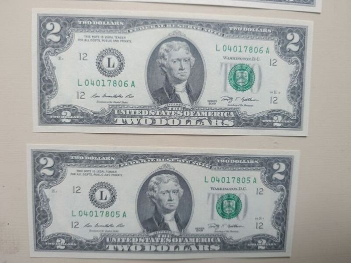 5 UNC  USA 2 Dollars Banknotes In Sequence