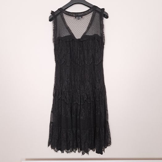 Miss June Black Floral Lace & Sheer Polka Dot Mesh Tiered Sleeveless Midi Dress 12UK/40EU