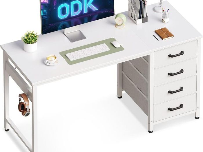 Computer Desk with Drawers 120 x 48 cm Office Storage Headphone for Small Spaces Reversible Study Table Home White