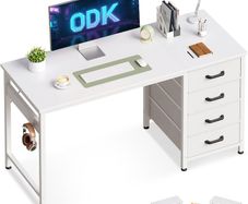 Computer Desk with Drawers 120 x 48 cm Office Storage Headphone for Small Spaces Reversible Study Table Home White