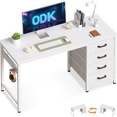 Computer Desk with Drawers 120 x 48 cm Office Storage Headphone for Small Spaces Reversible Study Table Home White