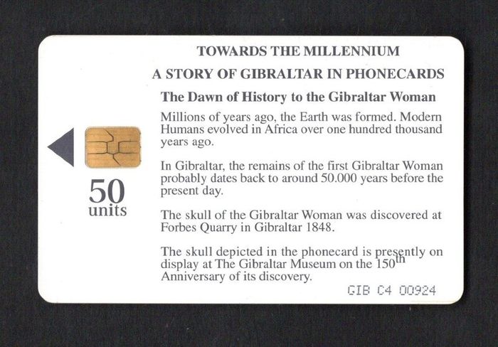 1999 Gibraltar 50 unit Dawn Of History , Bibraltar Woman (showing skulls) (Gemplus - GEM5 (Red)) Phonecard