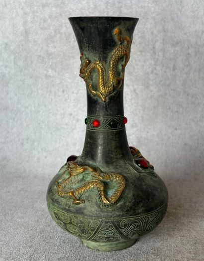 Two Chinese Dragon Vases  - Patinated Bronze, Signed