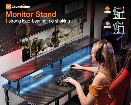 120x50 cm Gaming Desk with LED Lights, Computer Desk with Shelves, Office Desks with Monitor Stand, Carbon Fiber Black
