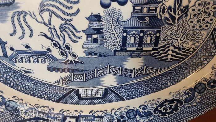 Beautiful Antique Blue and White Transferware Willow Pattern Large Oval Platter, Unknown Maker, Probably Staffordshire-Made