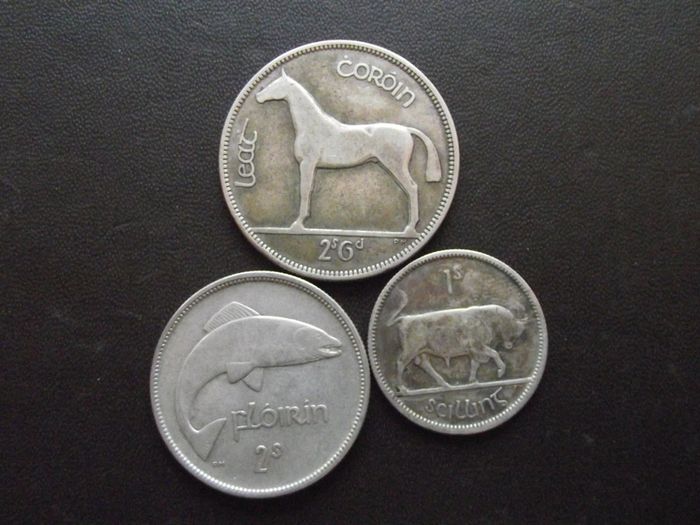 1928 Irish Free State. Set of 3 Silver Coins: Half Crown&Florin&Shilling