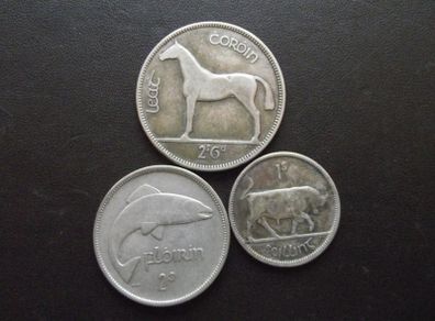 1928 Irish Free State. Set of 3 Silver Coins: Half Crown&Florin&Shilling