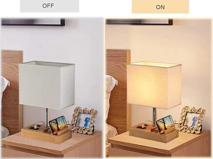 USB Bedside Table Lamp, HHome Plus Desk Lamp with 3 USB Charging Ports and Phone Charge Dock, Wood Charging Station and Organizer, Perfect Light for Bedroom, Guest Room, Living Room, Office