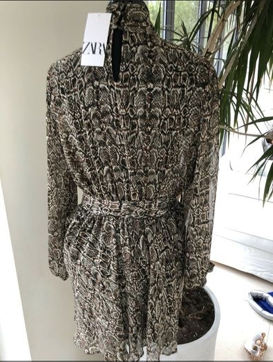 ZARA green brown animal snake print Balloon Sleeves Dress With Belt Size S