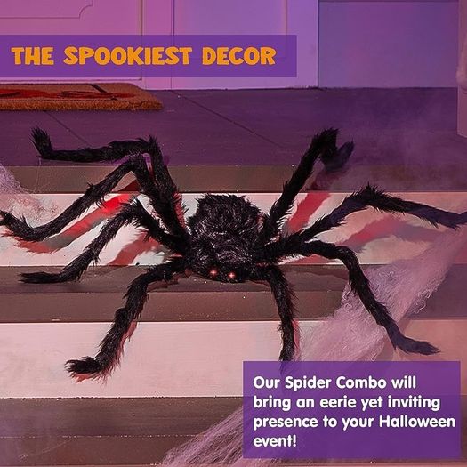 6.5ft Halloween Hairy Spider Outdoor Decorations,Light-up LED Eyes Scary Giant Spider Fake Large Spider Hairy Spider Props for Halloween Yard Decorations Party Outdoor and Outdoor Decor, Black