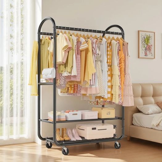 Heavy Duty Rolling Clothes Rail for Hanging Clothes, Double Hanging Rail with Lockable Castors, 326 KG Load Capacity, Metal Clothing Rail for Bedroom, Laundry, Retail, Black