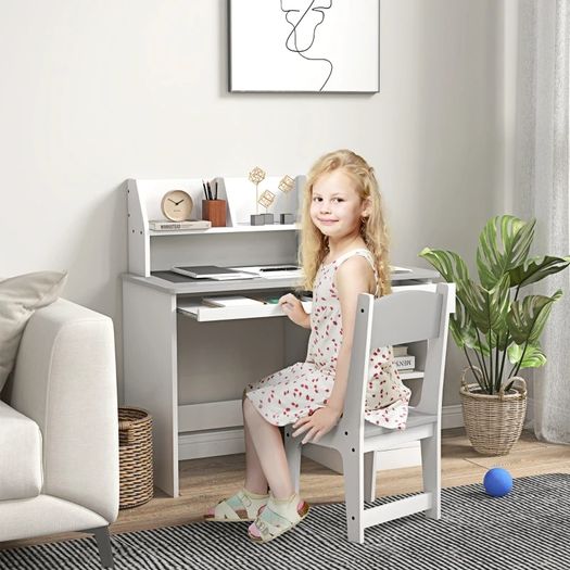 Two-Piece Kids Desk and Chair Set with Storage, for Ages 5-8 Years - Grey