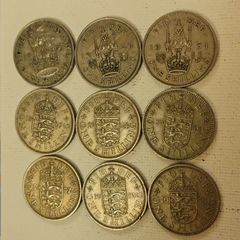 Nine English Shilling Coins 1947 to 1959