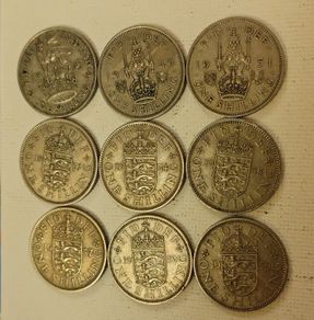 Nine English Shilling Coins 1947 to 1959