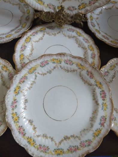 Lovely Set of Six Vintage Shabby Chic Floral Tea Plates and Matching Cake Plate by Rose China AD1820, Manchester,  in Delicate Floral Swags Pattern with Yellow and Pink Roses
