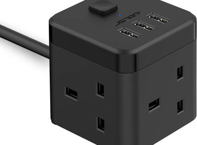 Compact Cube Extension Lead with 3 USB Slots (5V/3.1A) 3 Outlet Power Strip Surge Protected Power Socket with 1.5M Cable for Home, Office, Hotel, Travel -Black