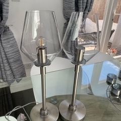 2 Contemporary Stainless Steel and Glass Table Lamps